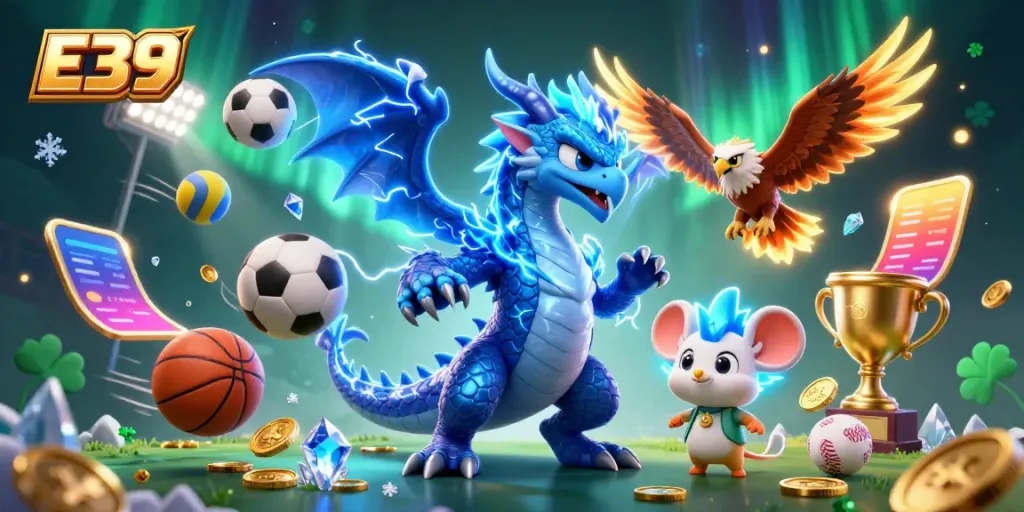 Experience E39's thrilling atmosphere with cartoon dragon and hawk amidst dynamic sports betting elements.