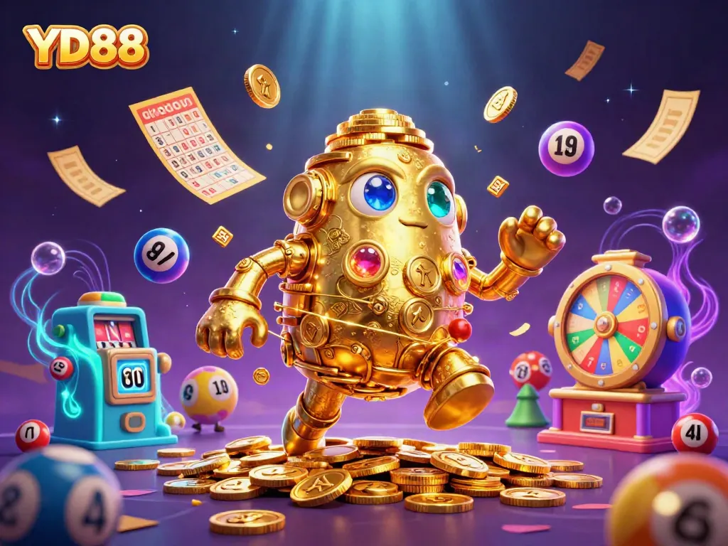 Win big at the YD88 casino with a vibrant 3D scene illustrating gaming elements and excitement.