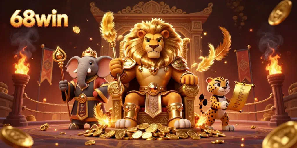 Experience dynamic features of 68win through this vibrant 3D casino scene full of action.