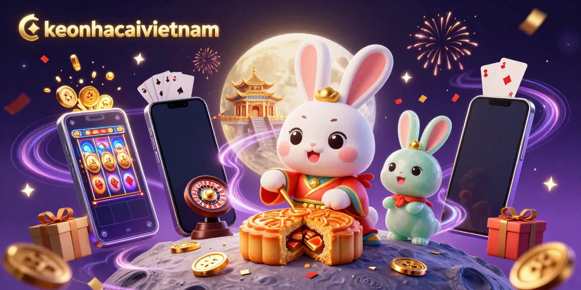Engage with keonhacaivietnam and its vibrant casino elements featuring a moon rabbit and gambling themes.