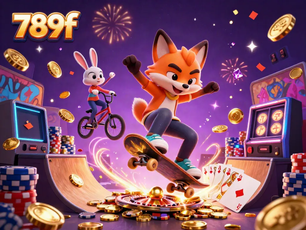 Engaging 789f casino illustration showing vibrant characters with poker chips, slots, and festive effects.