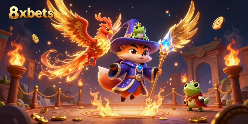 Engage with the exciting world of 8xbets through a vibrant 3D illustration depicting a magical gaming scene.