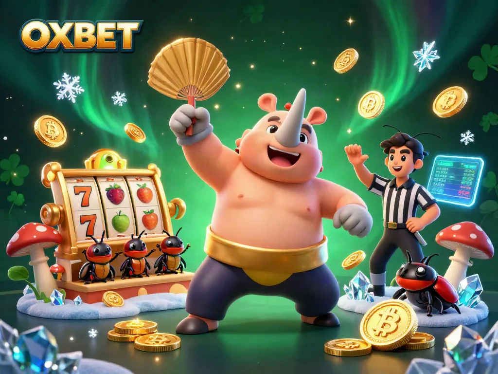 OXBET delivers thrilling gaming excitement with a dynamic sumo champion and spectators at an online casino.