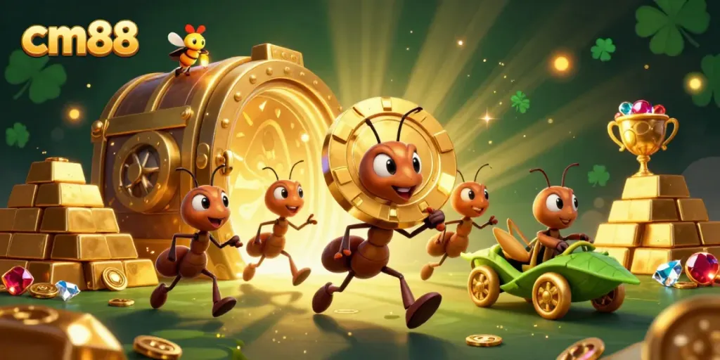 Experience the thrill of cm88 with a heist scene featuring animated ants, poker chips, and treasure.