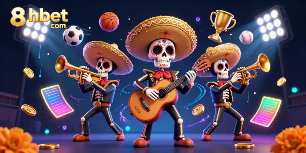 Players enjoying 8xbet com's offerings with a lively mariachi band and dynamic sports elements.