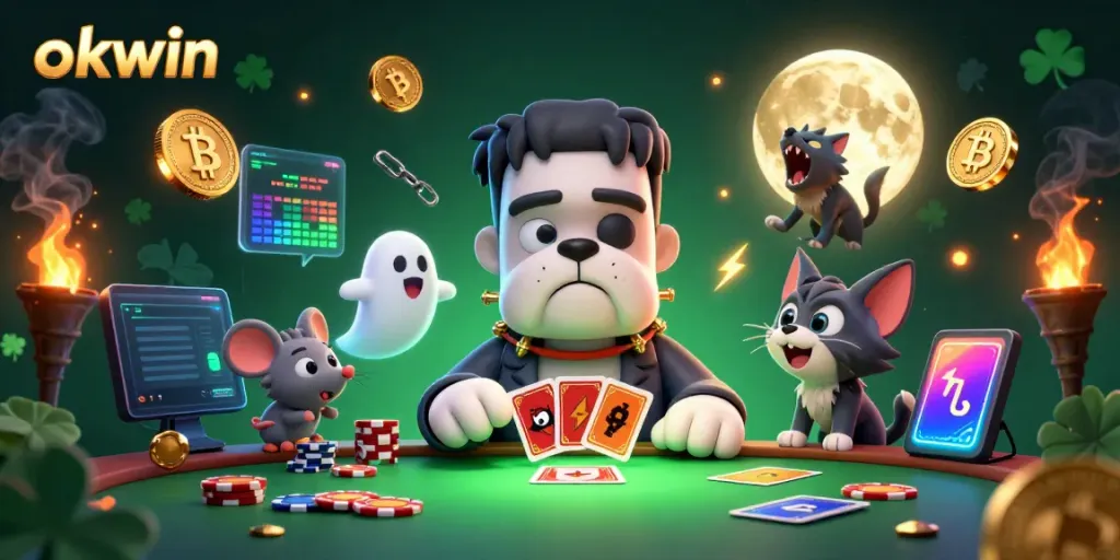 Engage with okwin's lively gaming scene featuring a cartoon bulldog dealer amidst vibrant casino elements.