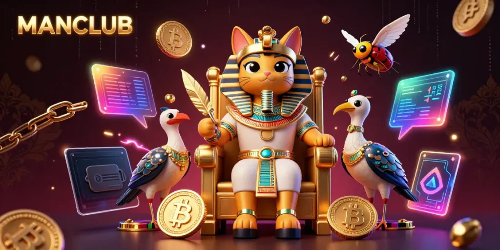 MANCLUB showcases a dazzling 3D casino scene with a pharaoh cat and crypto elements amidst electric energy.