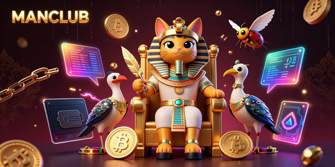MANCLUB showcases a dazzling 3D casino scene with a pharaoh cat and crypto elements amidst electric energy.