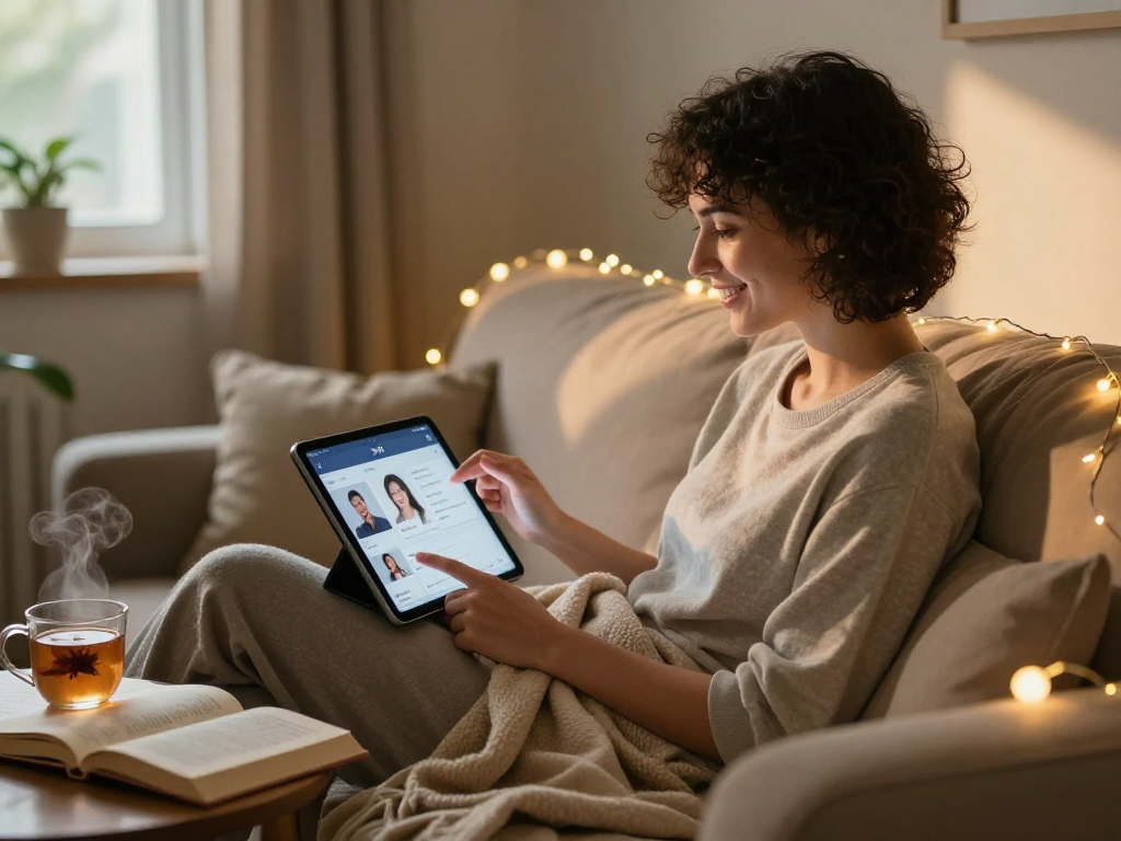 Person engaging in ai sex chat on a tablet in a cozy home setting, surrounded by warm lighting and personal touches.