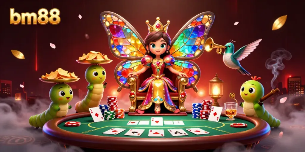 Experience vibrant gaming at bm88 with a butterfly queen and poker elements in a rich atmosphere.