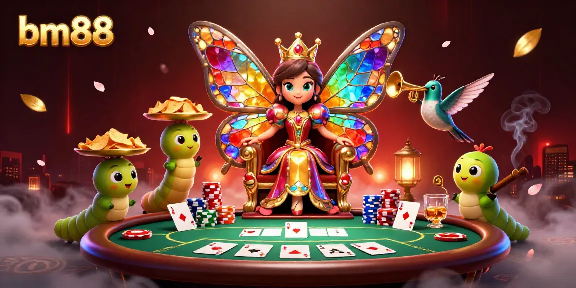Experience vibrant gaming at bm88 with a butterfly queen and poker elements in a rich atmosphere.