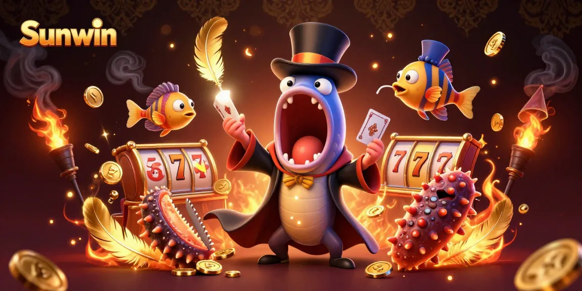 Sunwin's vibrant casino magic scene with a deep-sea gulper eel performing thrilling card tricks.