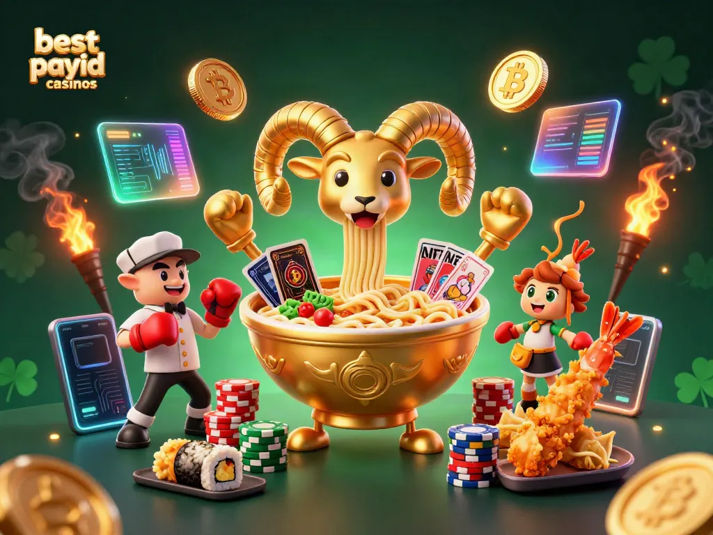 Engaging scene of best payid casinos featuring a golden ramen bowl dealer alongside sushi and tempura characters.