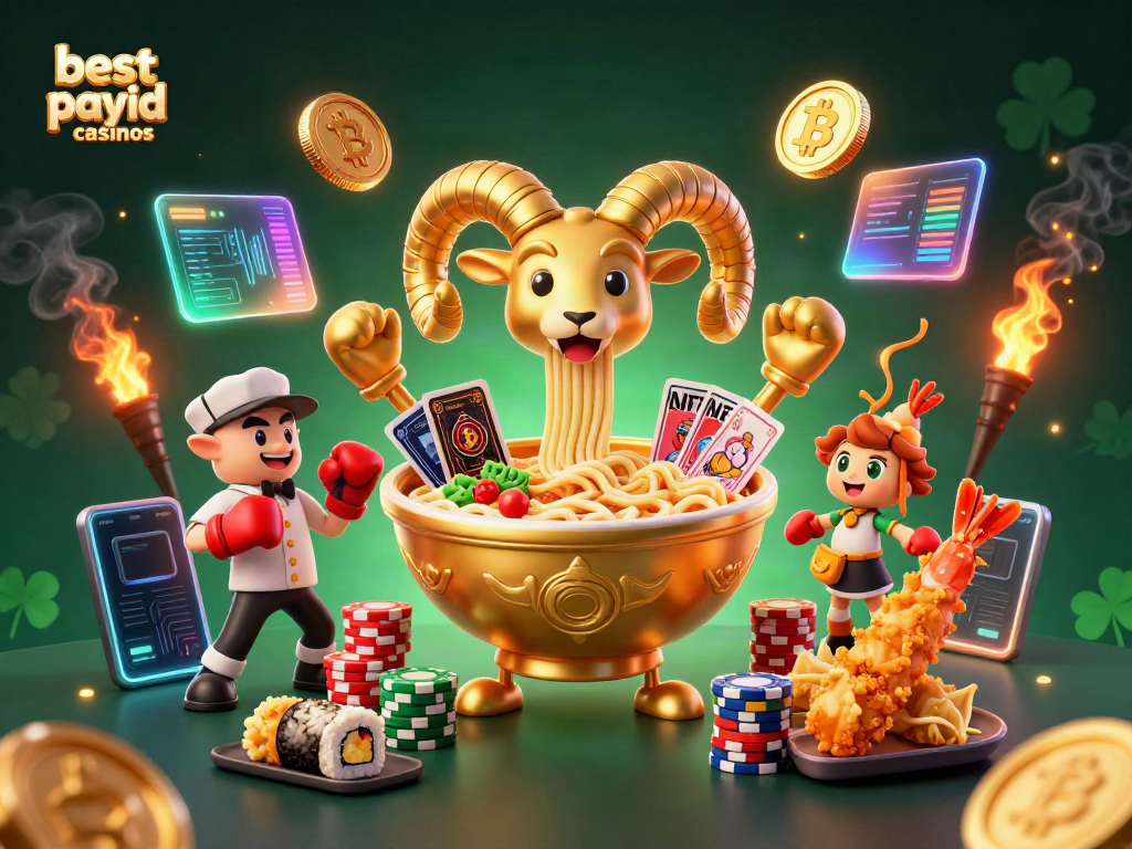 Engaging scene of best payid casinos featuring a golden ramen bowl dealer alongside sushi and tempura characters.