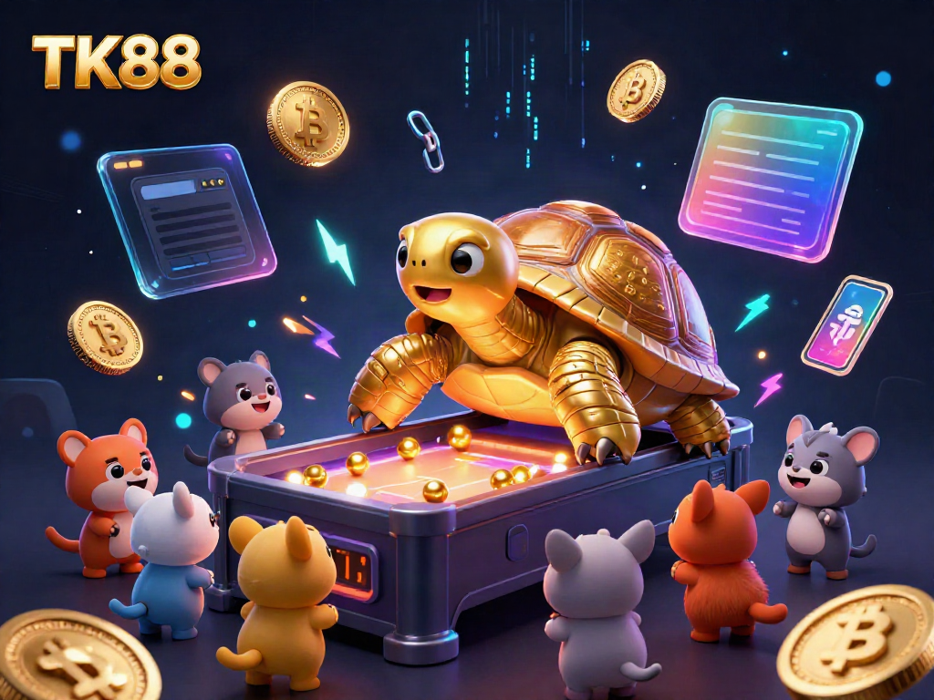Experience thrilling gaming at TK88 with slots and crypto-coin elements in a vibrant cartoon scene.