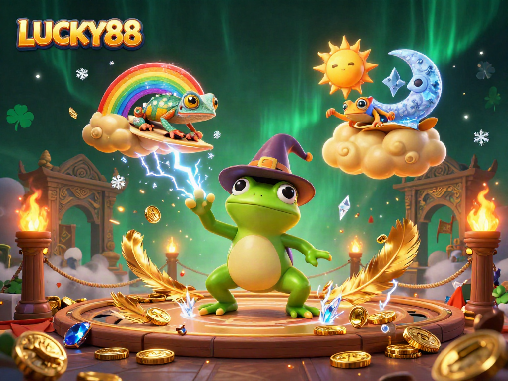 Engage with the vibrant LUCKY88 casino scene, where a wizard frog conjures coins amidst a magical atmosphere.