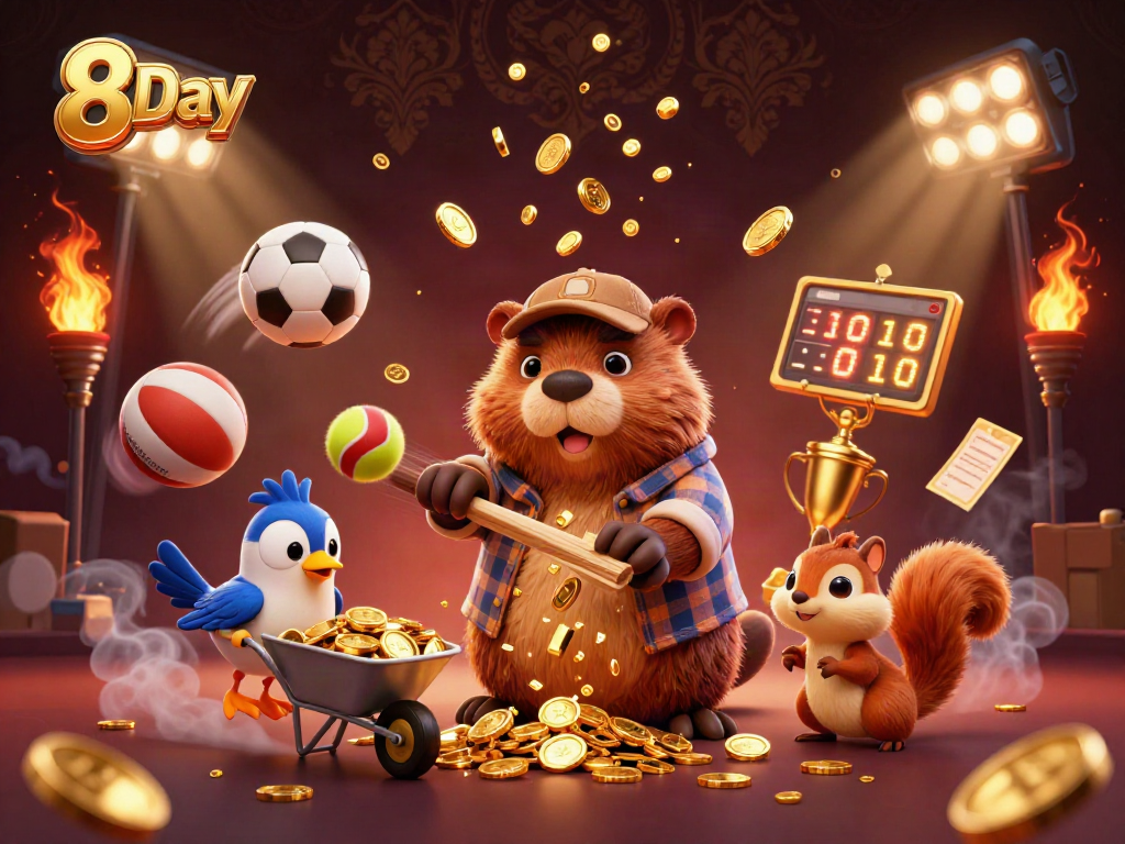 Bet on excitement with 8Day as the beaver chops coins while sports elements surround lively characters.