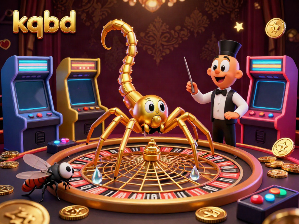Experience kqbd results with a vibrant, animated scene depicting a gambling-themed spider and centipede amidst arcade game machines.