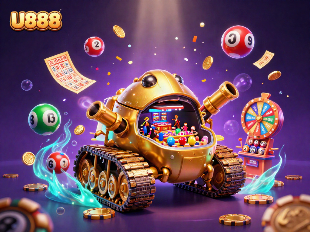 Experience the excitement of U888 with a vibrant 3D illustration of a golden beetle tank casino.
