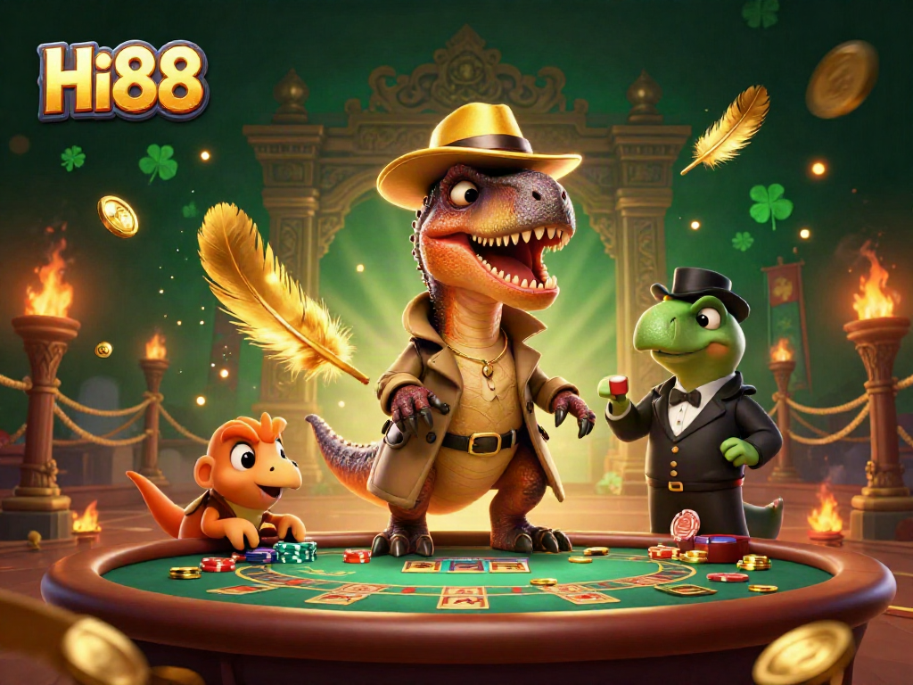 Hi88's online casino scene featuring a velociraptor card counter, stegosaurus pit boss, and compy pickpocket.