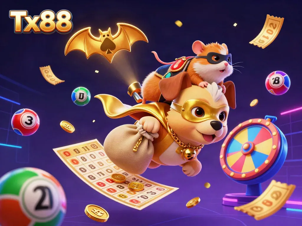 Join the excitement at Tx88 with a flying superhero dog and hamster amidst colorful lottery fun!