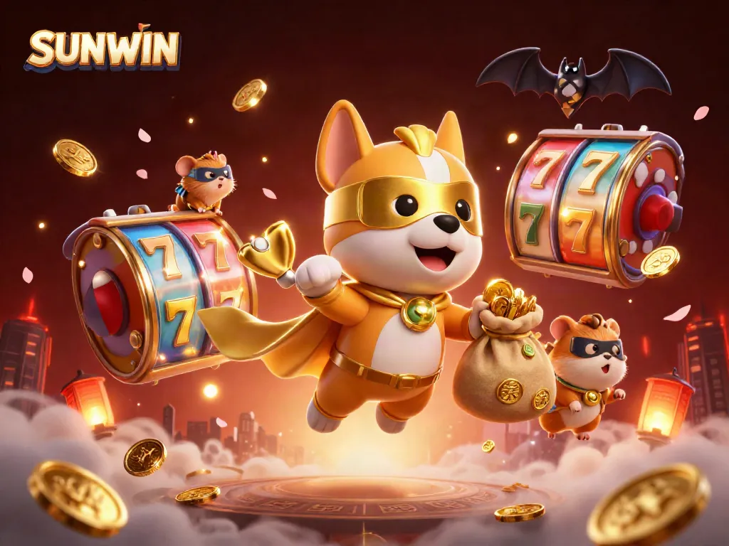 Engage in thrilling gameplay as SUNWIN's superhero dog flies with gold coins and exciting slot elements.