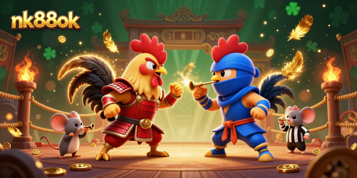 Engage in the thrilling action of nk88ok as samurai and ninja roosters compete in a vibrant arena.
