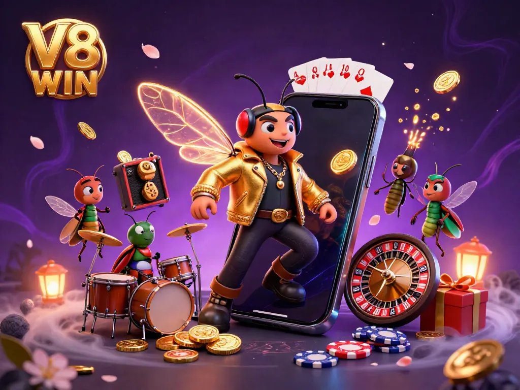 Experience thrilling gameplay with V8 WIN's vibrant 3D casino scene featuring energetic characters and dynamic game elements.