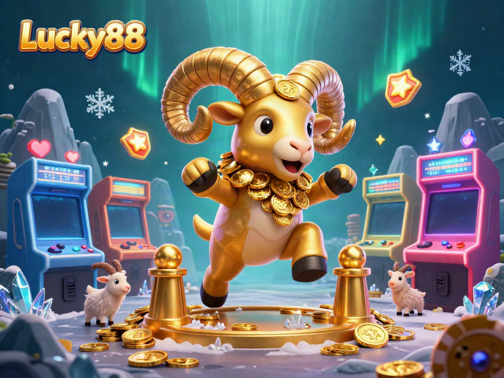 Experience the excitement of Lucky88 as a golden ram charges through a vibrant casino scene with gaming elements.
