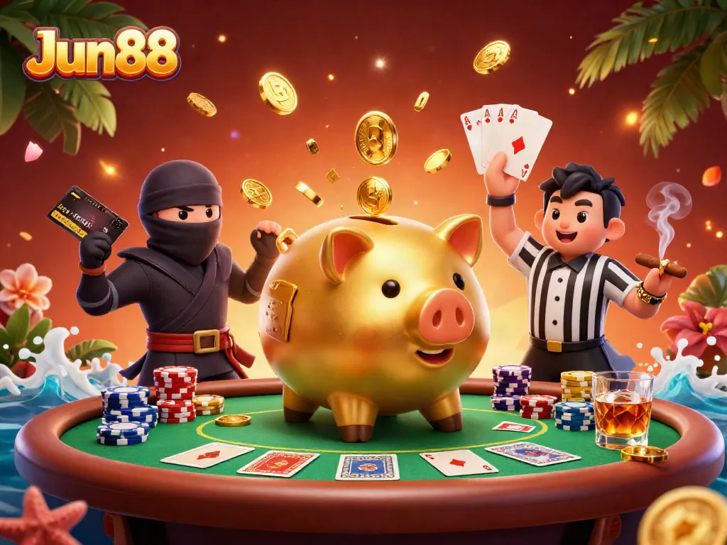 Engage in thrilling casino action with Jun88's vibrant characters and poker elements