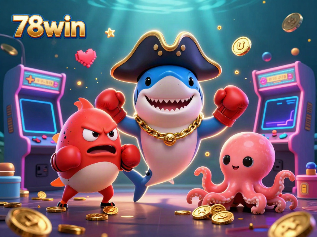 Engage in gaming action with 78win featuring a pirate shark and golden coins in a vibrant scene.
