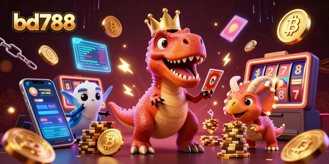 Engage with bd788 while the T-Rex shuffles cards and the pterodactyl assists in a vibrant casino scene.