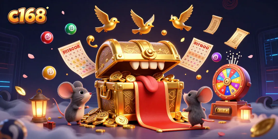 Engage in dynamic lottery excitement with c168's vibrant gaming illustration depicting golden treasures and excitement.