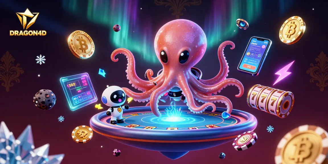 Engage with DRAGON4D's thrilling poker scene as a cartoon octopus and robot strategize with floating chips.