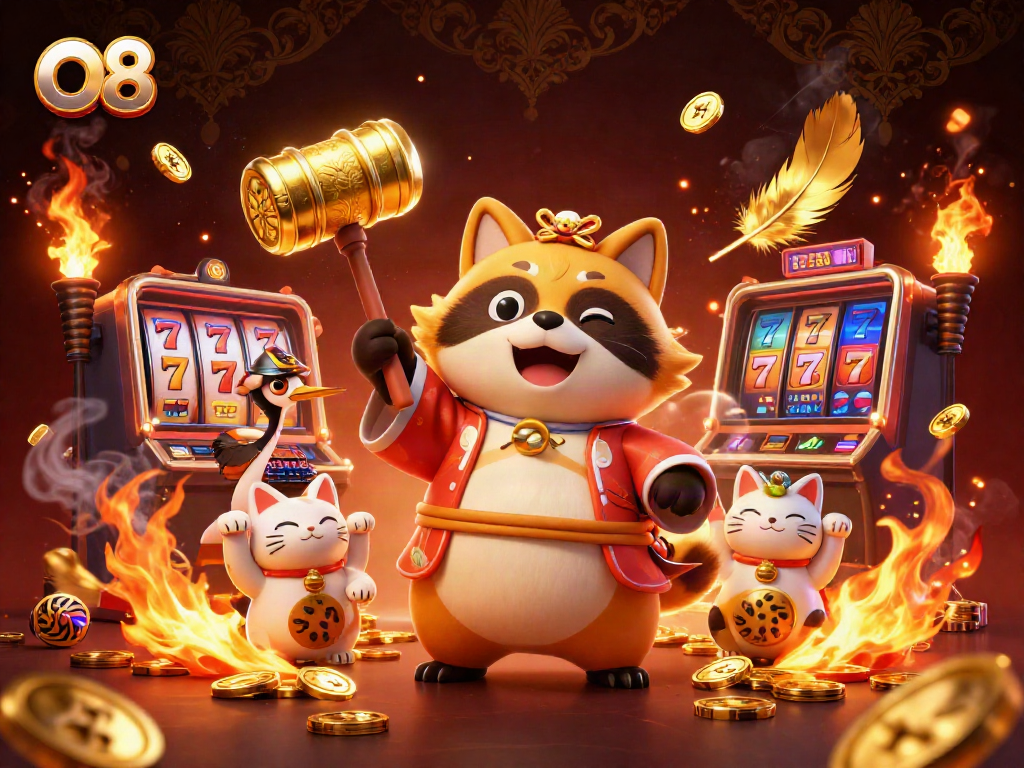 Enjoy thrilling casino action with O8, where a smiling tanuki and samurai crane celebrate winning luck.