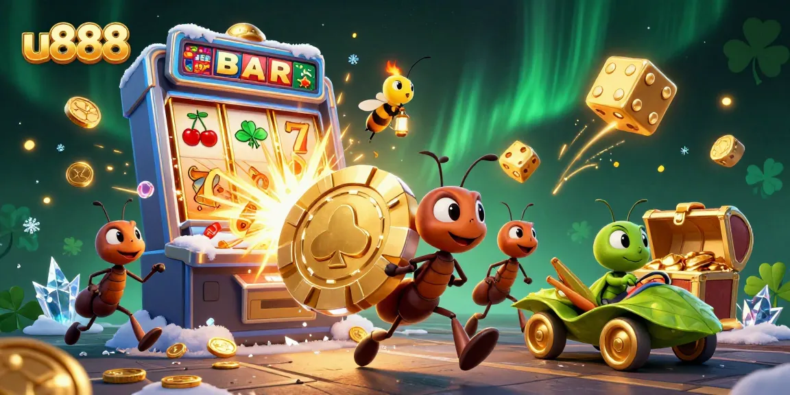 Experience u888's thrilling casino heist as animated ants carry a massive poker chip through an explosive jackpot!