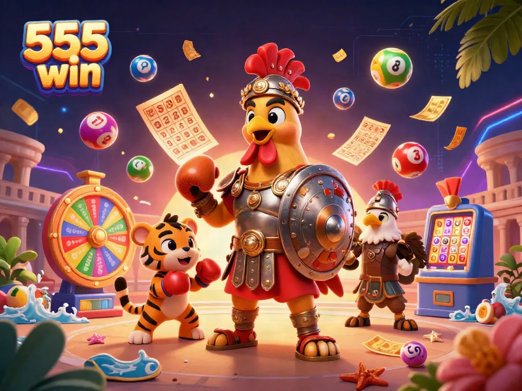 Engage in the excitement of 555 win with a vibrant scene featuring a gladiator rooster, tiger cub, and dynamic gaming elements.