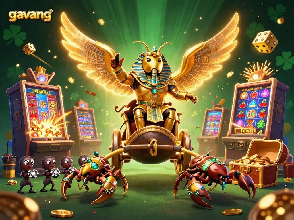 Experience the thrill of gambling with gavang through this vibrant, dynamic 3D illustration featuring mythical scarab and casino elements.