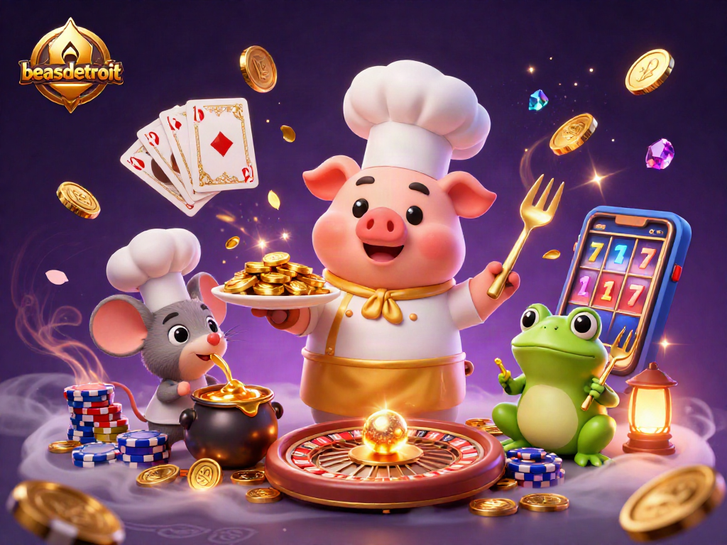 Engage with winning strategies at beasdetroit through ornate gold coins, vibrant gambling elements, and cheerful characters.
