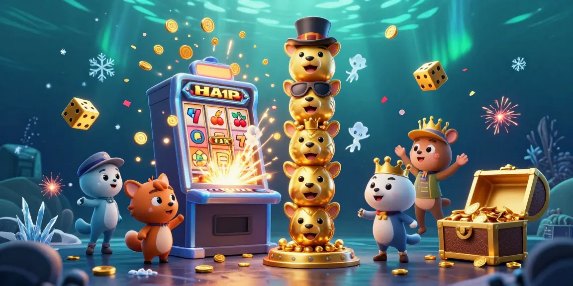 Experience thrilling gaming with 23win's vibrant totem, spinning slot machines, and dazzling gold coins.