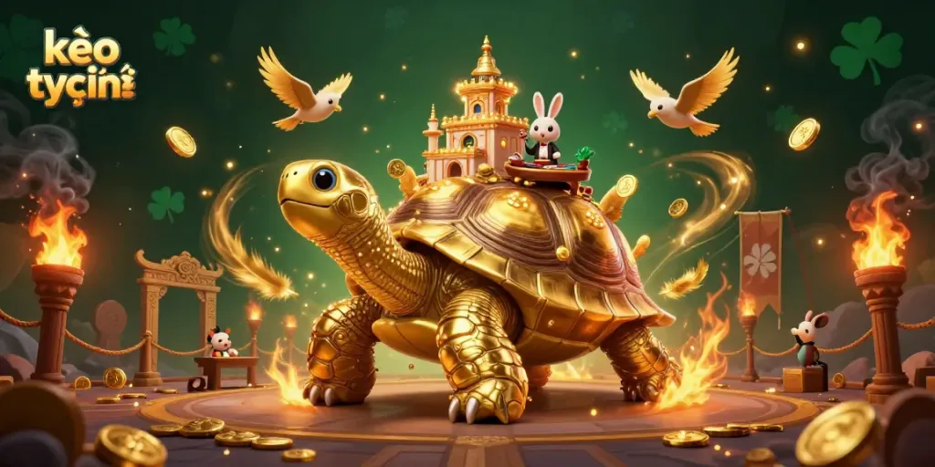 Engage in the exciting world of kèo trực tuyến with a vibrant casino scene featuring a turtle palace and lively action.