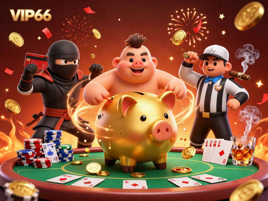 Engage in winning strategies with VIP66 at this vibrant casino scene featuring dynamic characters.
