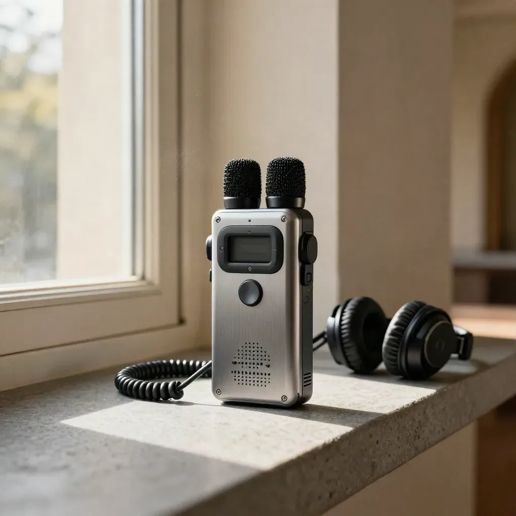 Registratore audio e cuffie su davanzale di pietra, luce calda in una sala di tribunale.