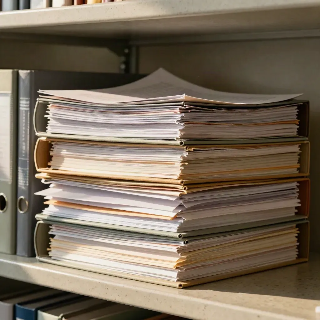 Dossier sanitari e cartelle archivio su mensola, luce calda da finestra