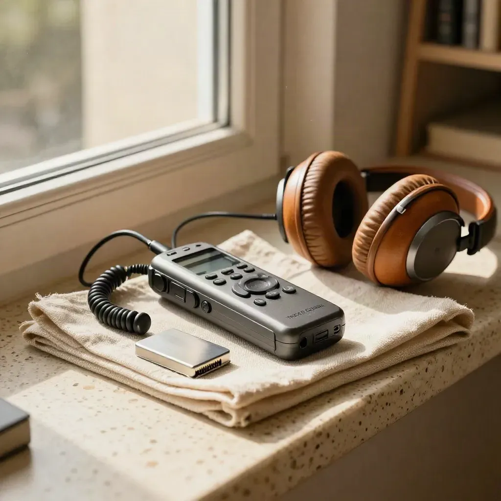 Registratore audio, cuffie e cavo su una finestra luminosa di redazione.