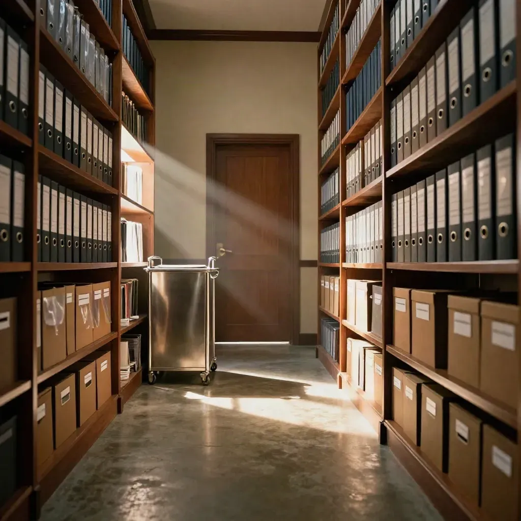 Archivio di procura con faldoni, scatole d’indagine e luce calda su pavimento di cemento
