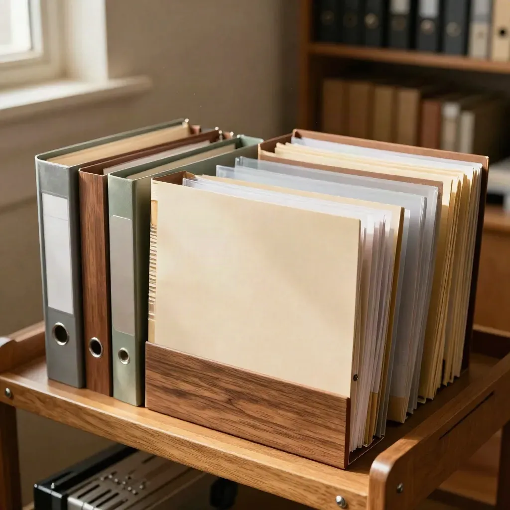 Fascicoli d’archivio e cartelle investigative in luce calda su carrello di legno