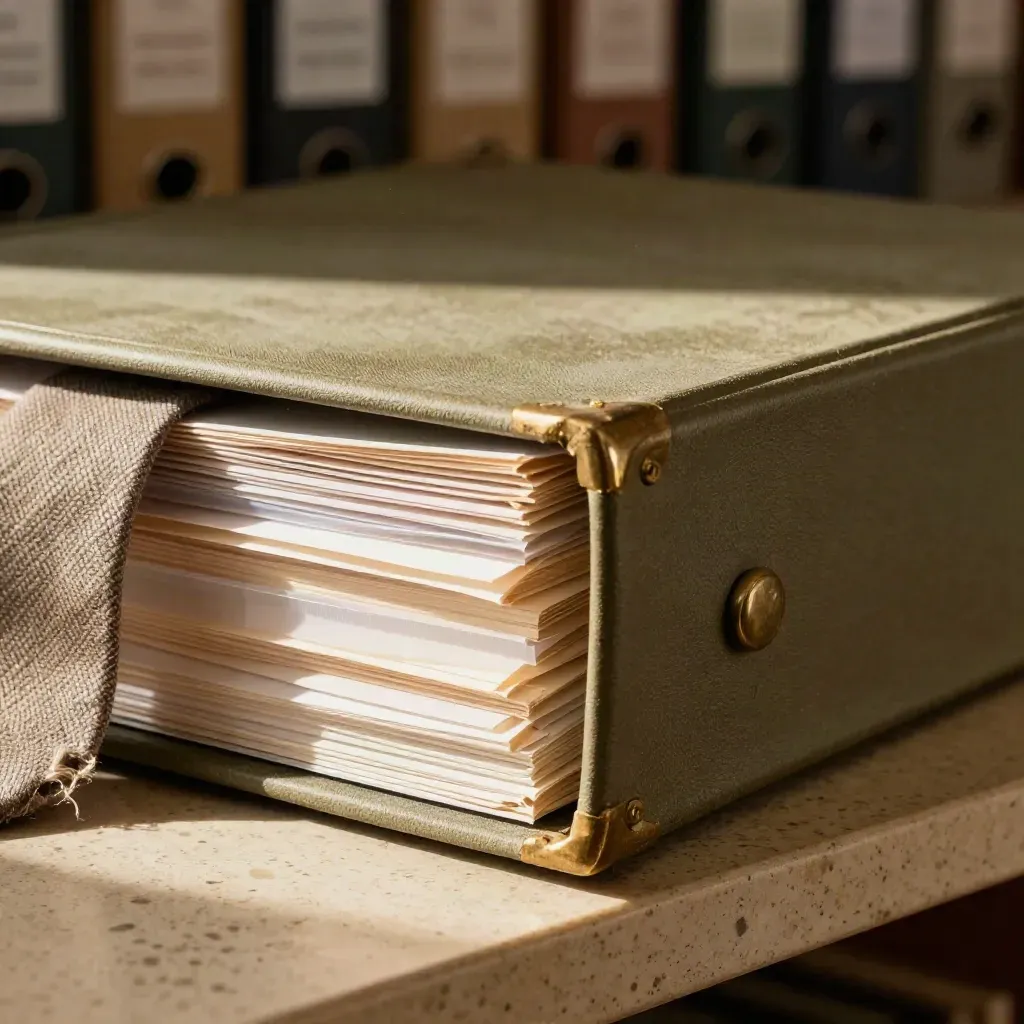 Primo piano di dossier investigativi in cartelle archivio, luce calda e polvere sospesa.