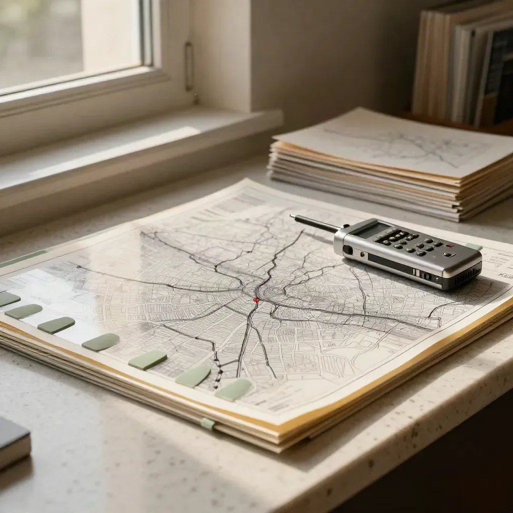 Mappe e fascicoli d’inchiesta su un davanzale in travertino, luce calda e ombre morbide.