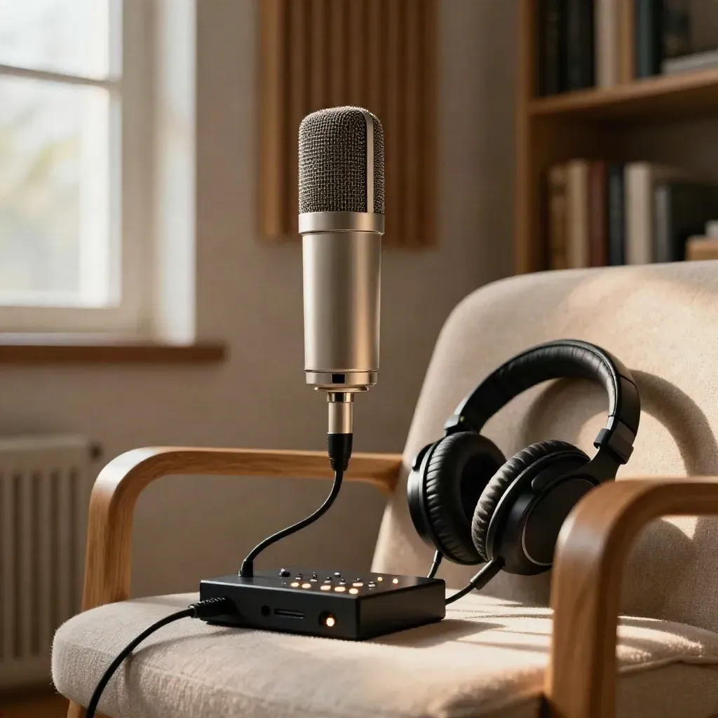 Microfono da podcast, cuffie e interfaccia audio in uno studio caldo e silenzioso.